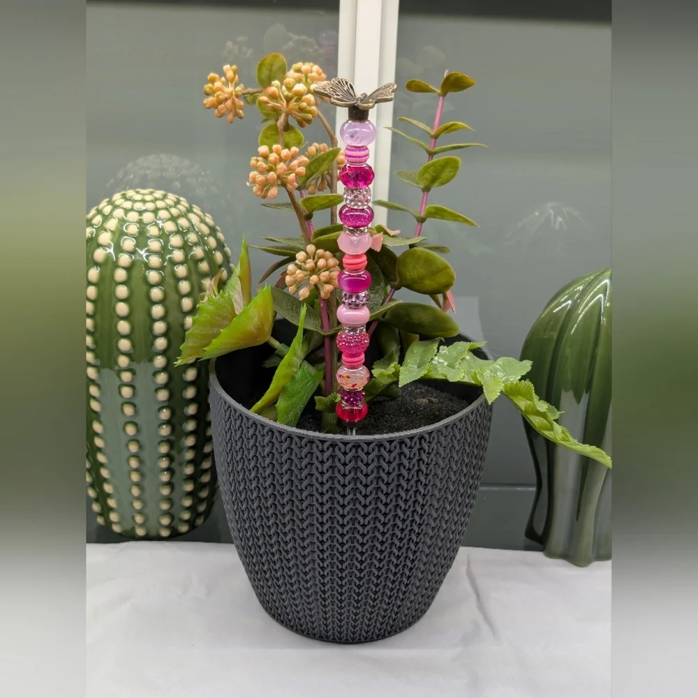 Pink Beaded Fairy Wand/Plant/Garden Stake W/Metal Butterfly Topper 🦋